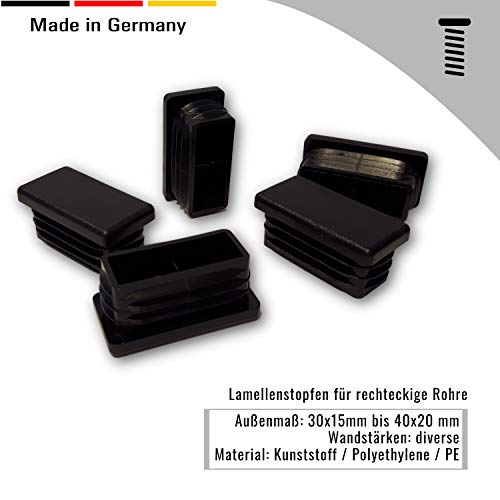 4 Lamellenstopfen für rechteckige Rohre, Schwarz - Rohrstopfen aus PE Kunststoff für Vierkantrohre - Klama - Möbelzubehör