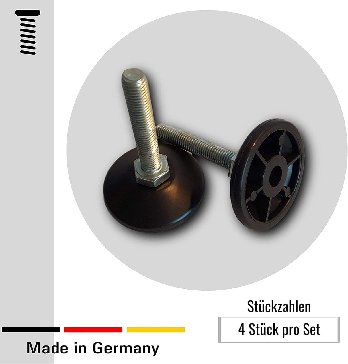 KLAMA 4X Stellfüße höhenverstellbar - Stahl verzinkte Möbelfüße mit angeschweißter Mutter und Kunststoffbasis - Klama - Möbelzubehör