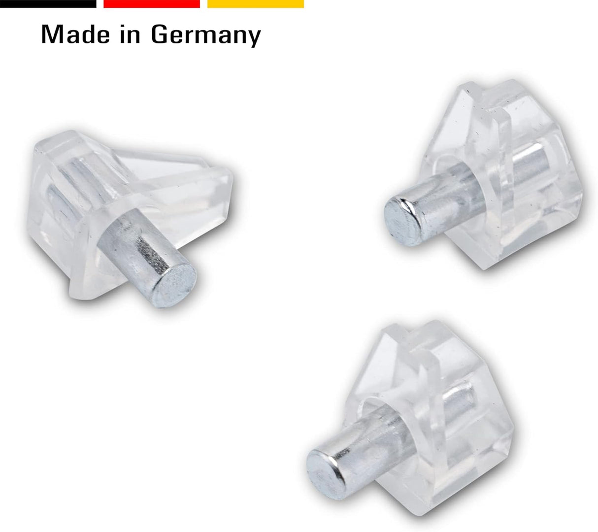 50x Glasbodenträger mit Metallstift - Kunstoff Regalstifte Einlegeboden Halter Regalbodenträger zum Einstecken (Bohrloch Ø 5 mm) - Klama - Möbelzubehör