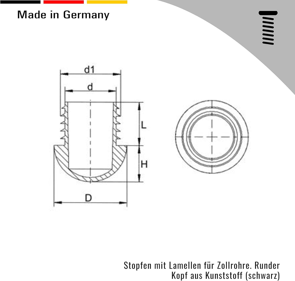 8 Stopfen mit Lamellen, für Zollrohre, runder Kopf, Kunststoff, Schwarz (1/2 Zoll) - Klama - Möbelzubehör