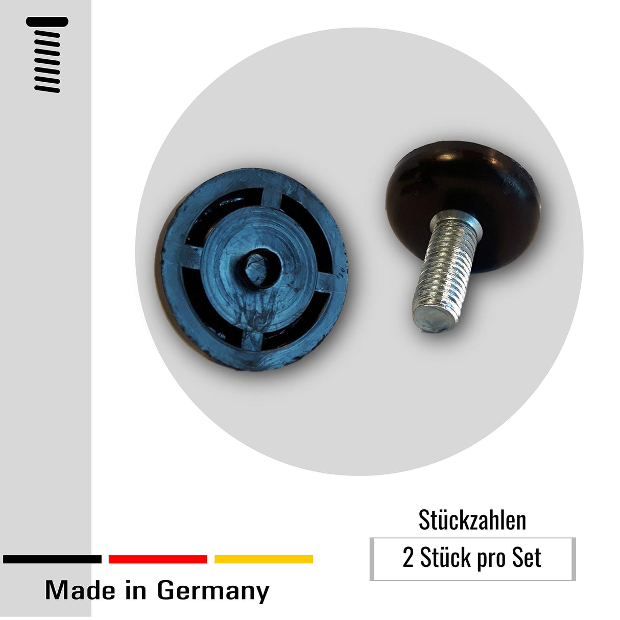 2 Bodenausgleichsschrauben Kunststoff, rund, schwarz, mit Gewindebolzen Stahl verzinkt - Klama - Möbelzubehör