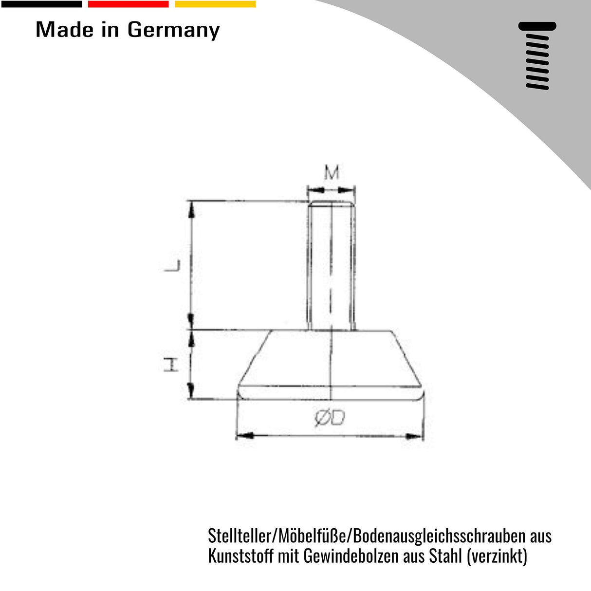 4 Stellteller/Möbelfüße/Bodenausgleichsschrauben Kunststoff mit Gewindebolzen Stahl verzinkt, schwarz - Klama - Möbelzubehör