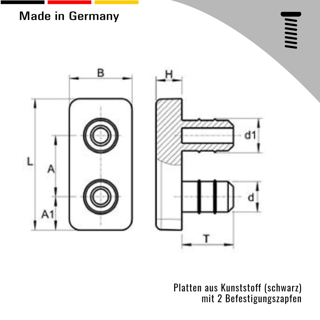 4 Platten Kunststoff, schwarz, mit 2 Befestigungszapfen - Klama - Möbelzubehör
