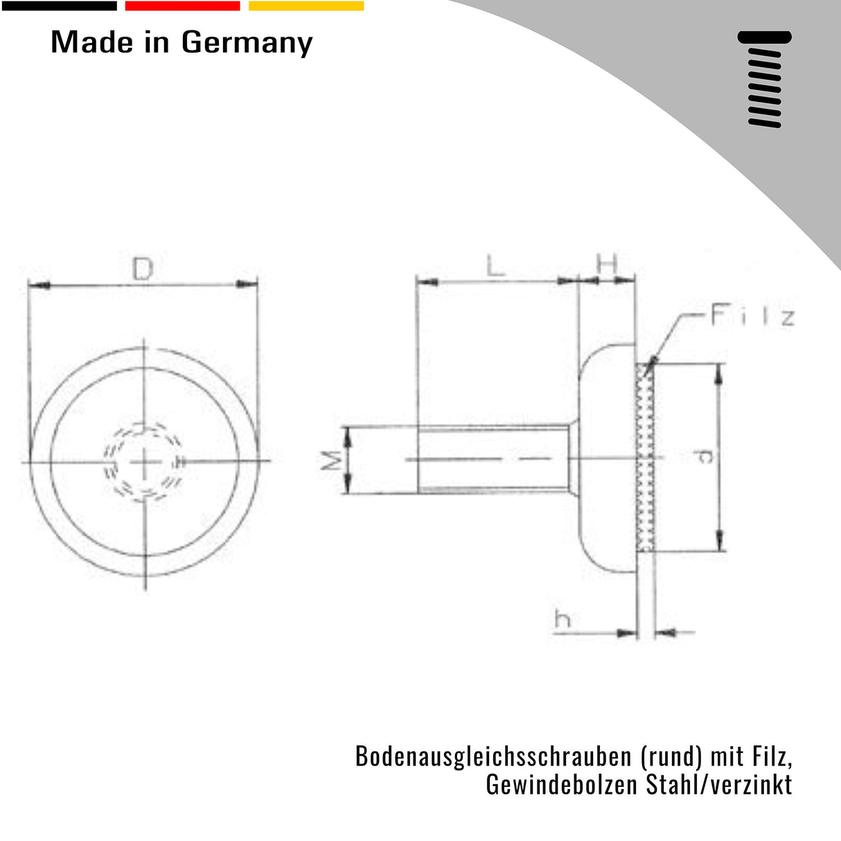 2 Bodenausgleichsschrauben Rund, mit Filz, Gewindebolzen Stahl/verzinkt - Klama - Möbelzubehör