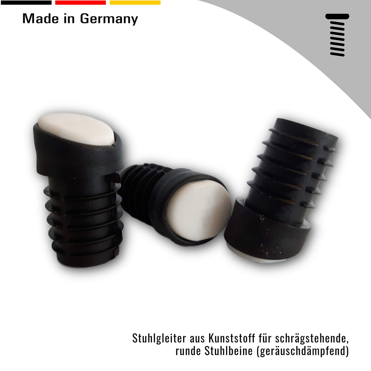 4 Stuhlgleiter Kunststoff, für schrägstehende runde Stuhlbeine, geräuschdämpfend durch POM/PTFE Gleitfläche - Klama - Möbelzubehör