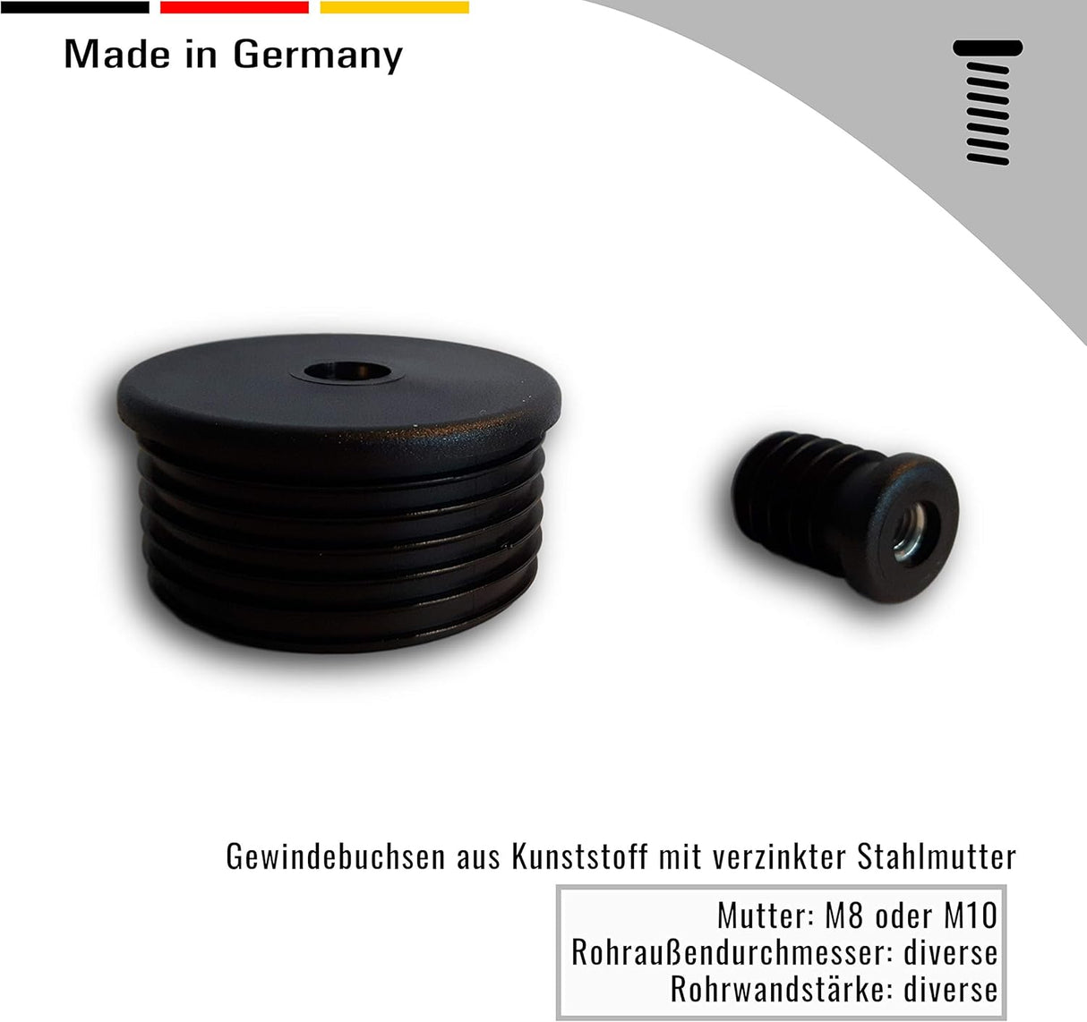 2 Gewindebuchsen Kunststoff, schwarz, mit verzinkter Stahlmutter, für Rundrohre