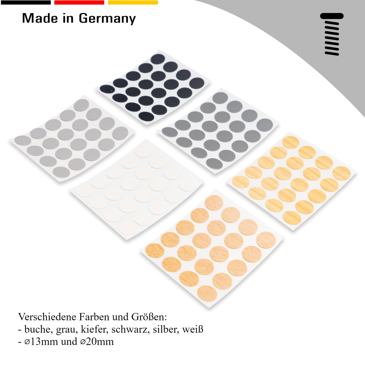 20x Selbstklebende Abdeckkappen für Schrauben, Bohrlöcher & kleine Macken - Universell einsetzbare Schraubenabdeckung - Klama - Möbelzubehör