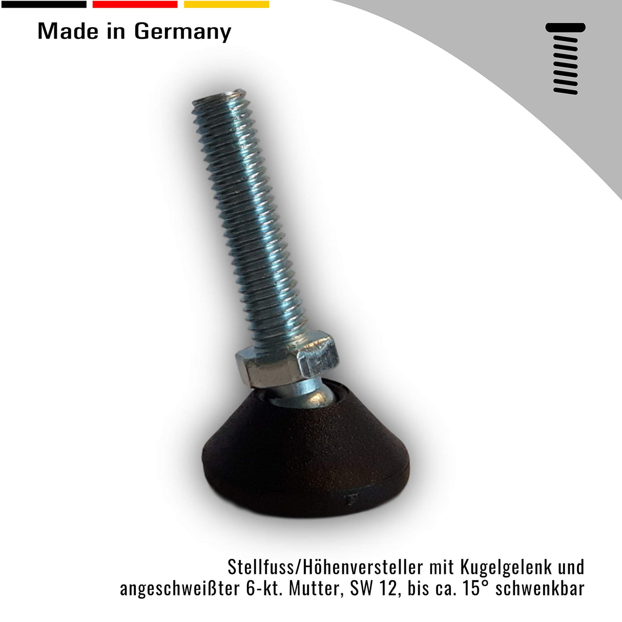 2 St. Stellfuss/Höhenversteller mit Kugelgelenk und angeschweißter 6-kt. Mutter, SW 12, bis ca. 15° schwenkbar - Klama - Möbelzubehör