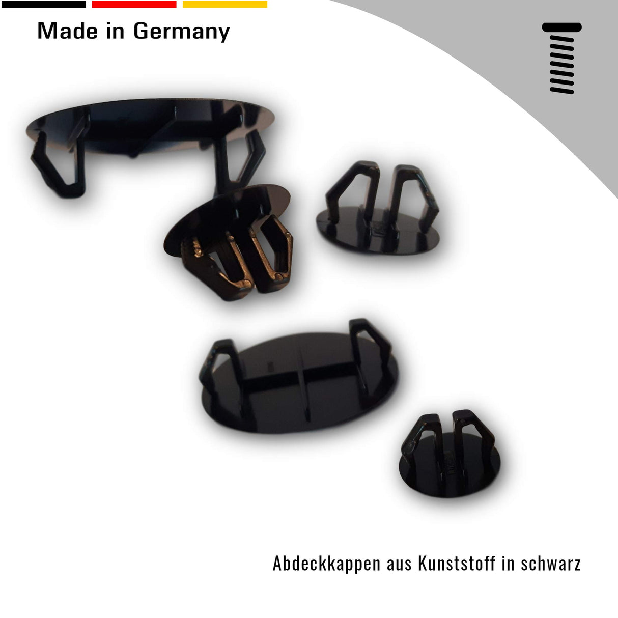 4 Abdeckkappen, Kunststoff, schwarz, mit Feder, wieder lösbar, für Bohrungen - Klama - Möbelzubehör