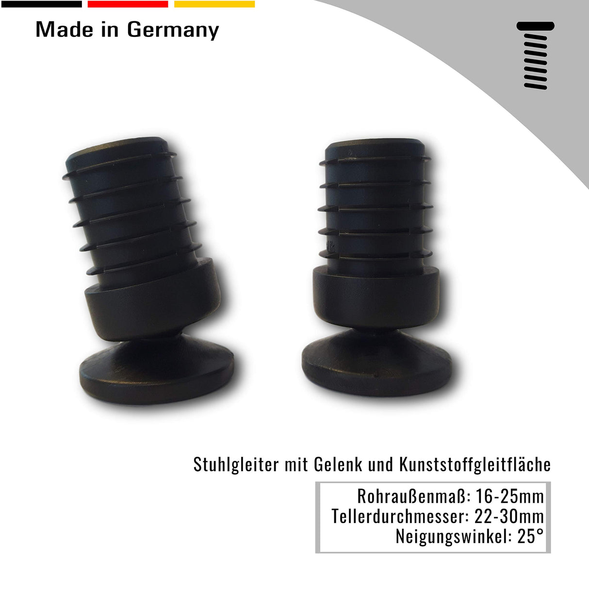 4 St. Stuhlgleiter mit Gelenk und Kunststoffgleitfläche, für Rundrohre mit Wandstärke 1,5-2 mm, max. Neigungswinkel 25° - Klama - Möbelzubehör