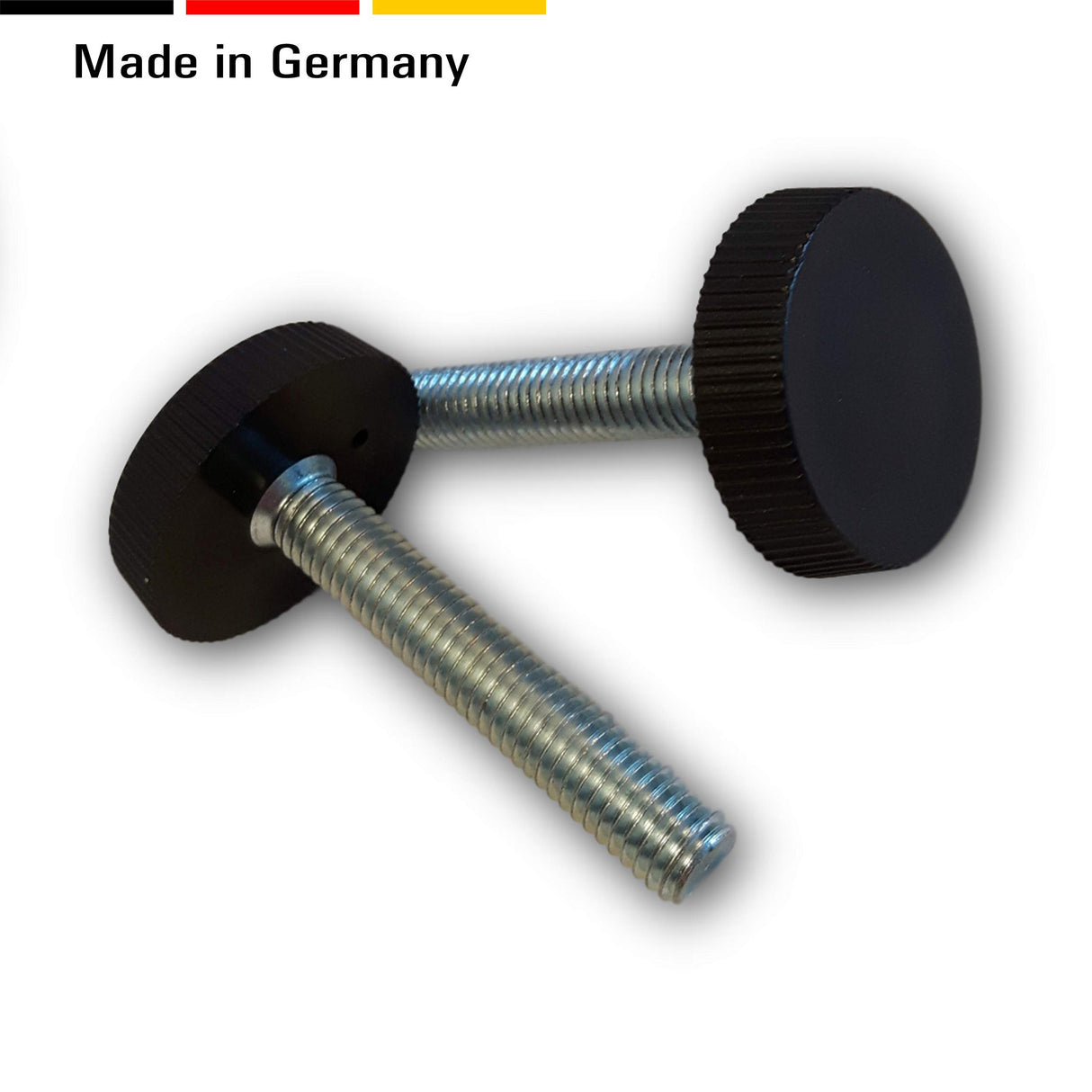 2 Bodenausgleichsschrauben/Rändelschrauben, rund, schwarz, Gewindebolzen Stahl verzinkt - Klama - Möbelzubehör