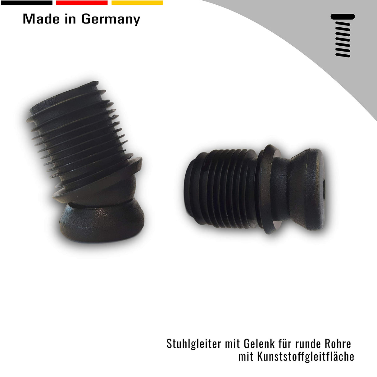 4 St. Stuhlgleiter mit Gelenk, für Runde Rohre, Kunststoffgleitfläche, für Rohrwandstärke 1,5-2 mm, max. Neigungswinkel 19° - Klama - Möbelzubehör