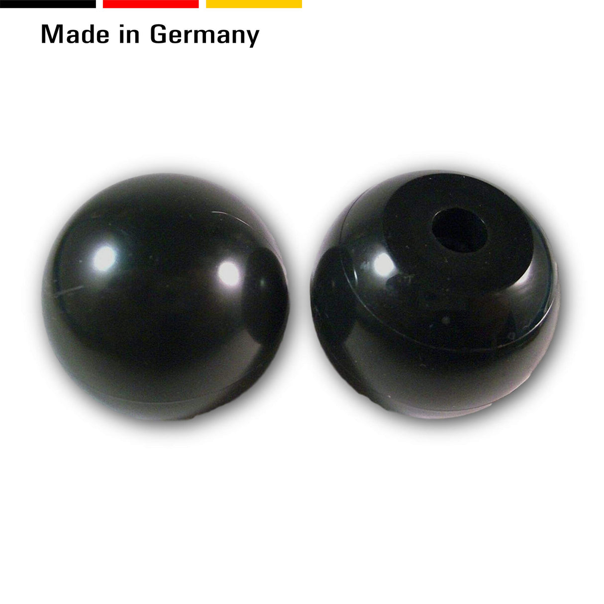 2 Kugelknöpfe/Griffe Kunststoff, schwarz, abgeflacht, mit Innengewinde oder Bohrung