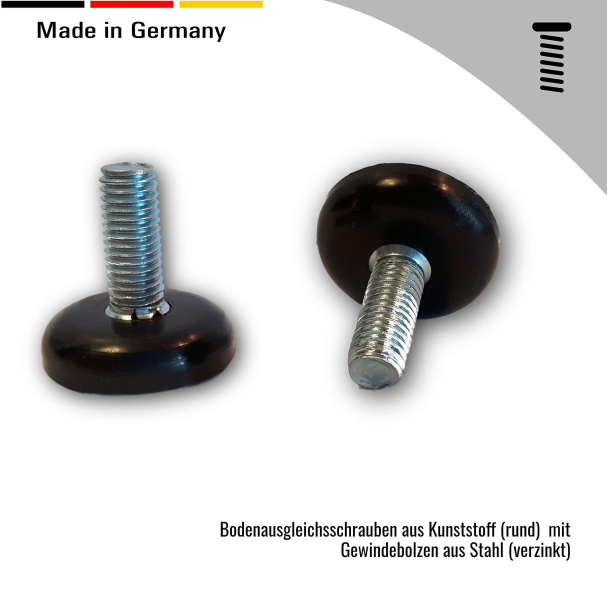 2 Bodenausgleichsschrauben Kunststoff, rund, schwarz, mit Gewindebolzen Stahl verzinkt - Klama - Möbelzubehör