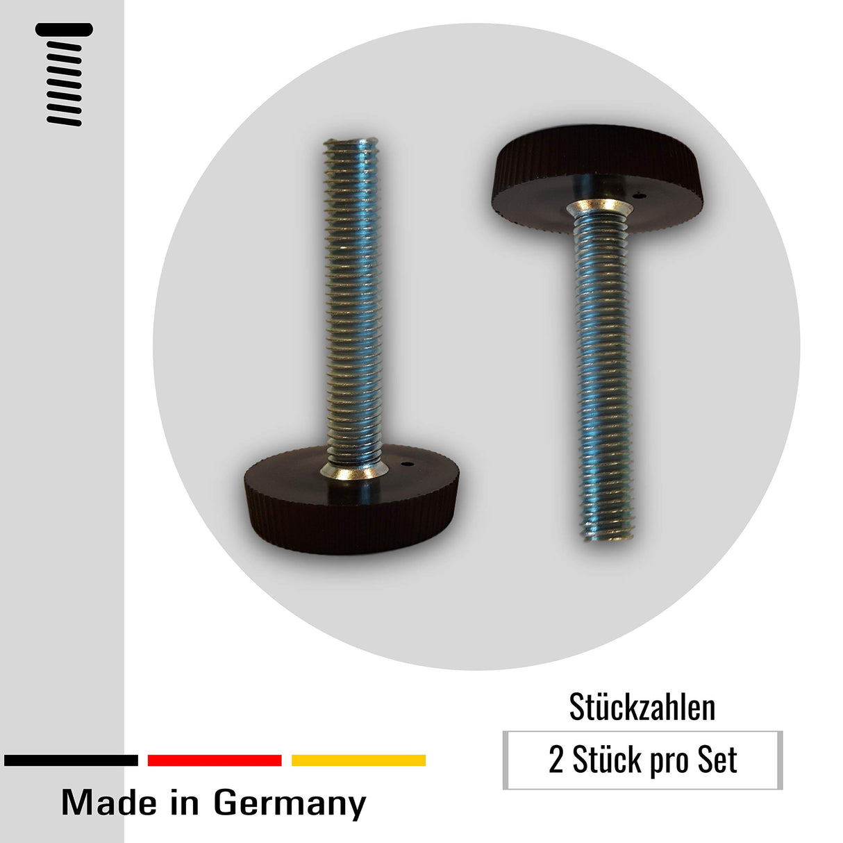 2 Bodenausgleichsschrauben/Rändelschrauben, rund, schwarz, Gewindebolzen Stahl verzinkt - Klama - Möbelzubehör