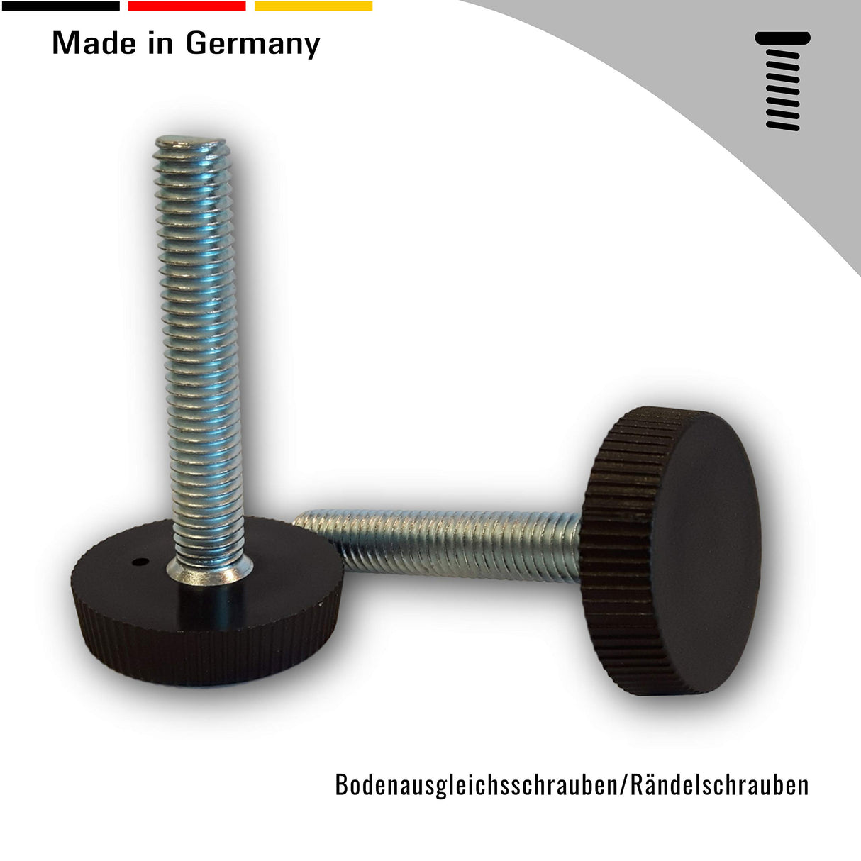 2 Bodenausgleichsschrauben/Rändelschrauben, rund, schwarz, Gewindebolzen Stahl verzinkt - Klama - Möbelzubehör