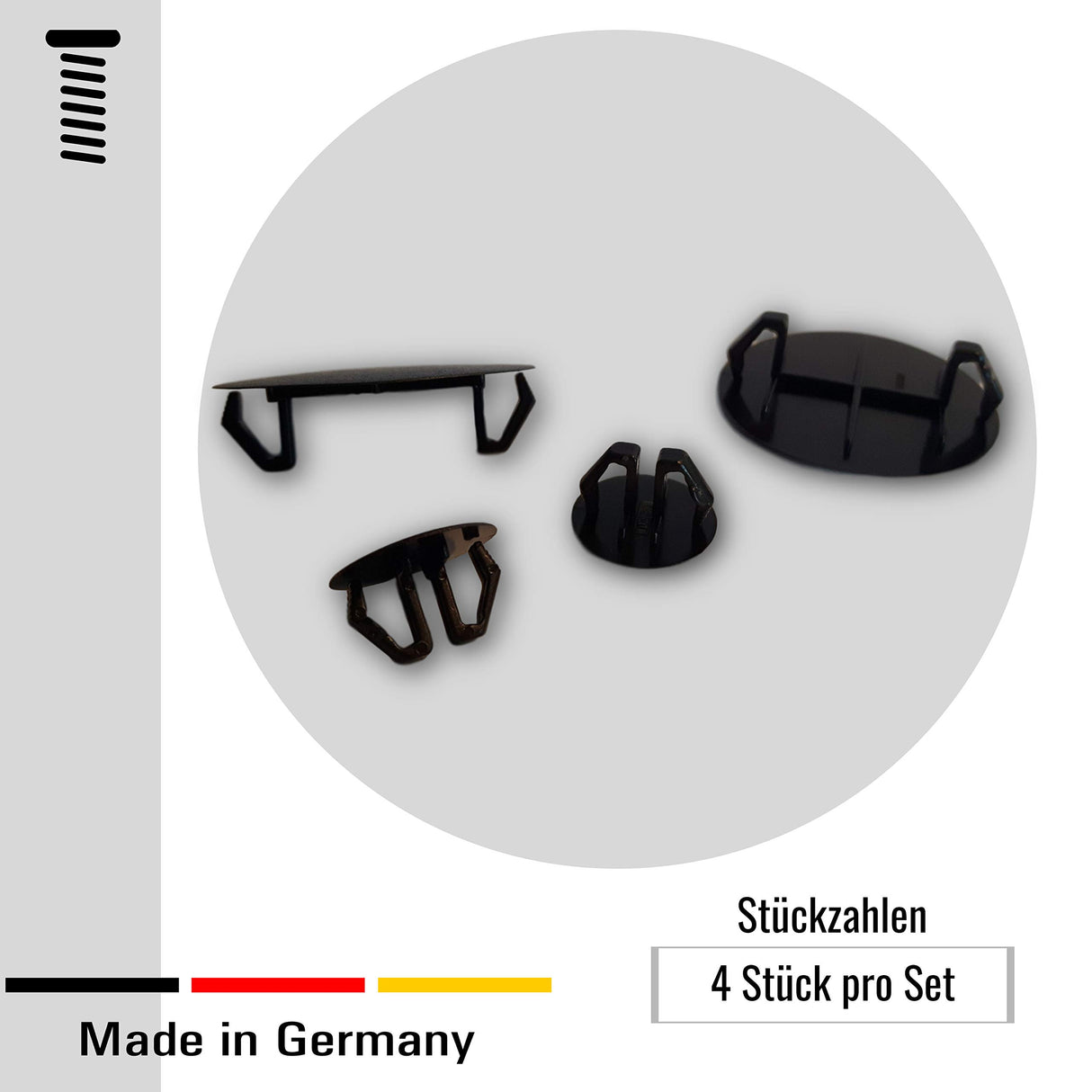 4 Abdeckkappen, Kunststoff, schwarz, mit Feder, wieder lösbar, für Bohrungen - Klama - Möbelzubehör