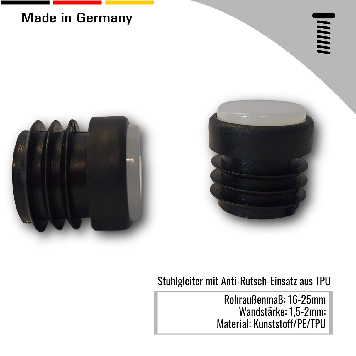 4 St. Stuhlgleiter mit Anti-Rutsch-Einsatz aus TPU, für Rundrohre mit Wandstärke 1,5-2 mm, Rohraussenmaß 19 mm, Farbe schwarz - Klama - Möbelzubehör