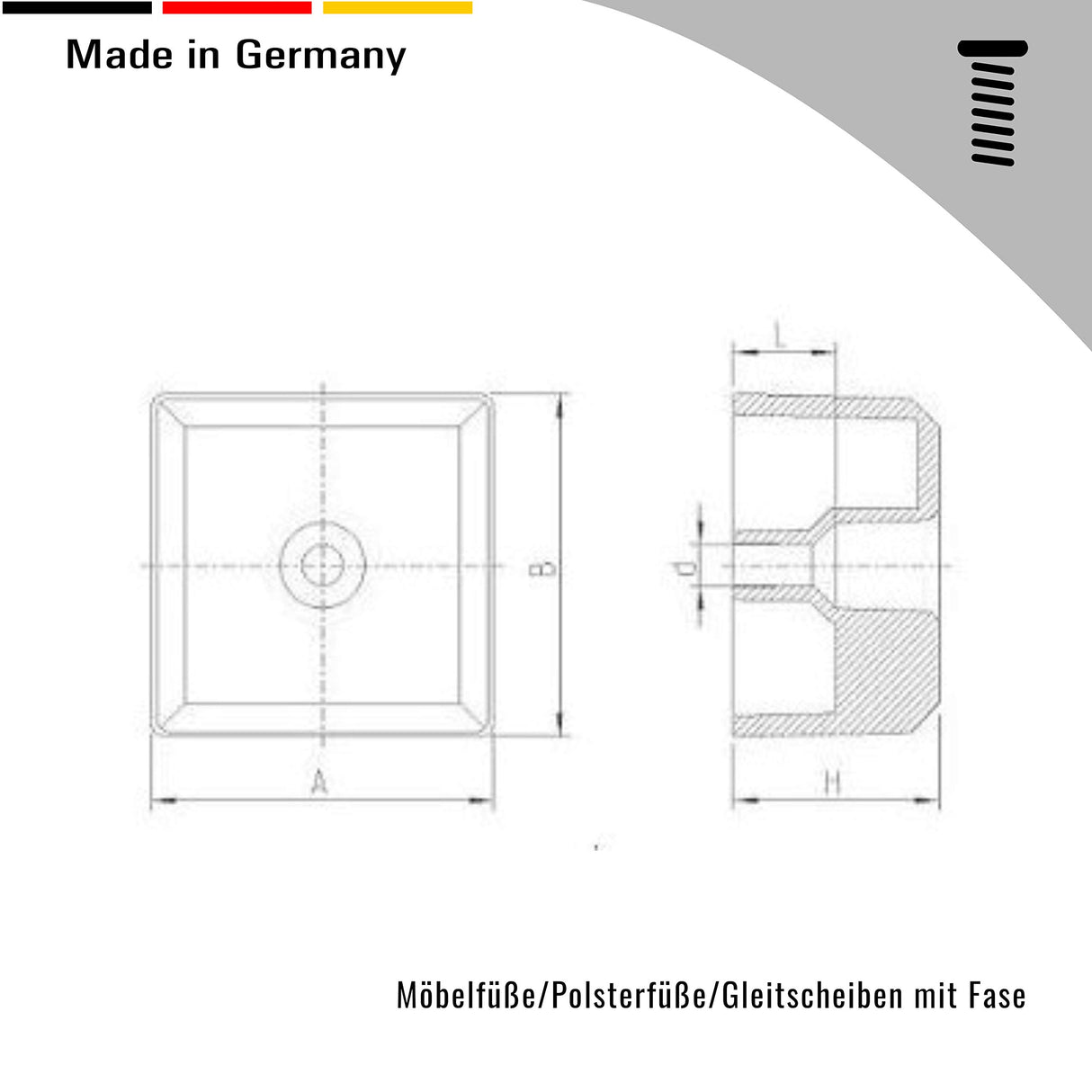 4 Möbelfüße/Polsterfüße/Gleitscheiben mit Fase, 50 x 50 mm, Kunststoff, Schwarz - Klama - Möbelzubehör