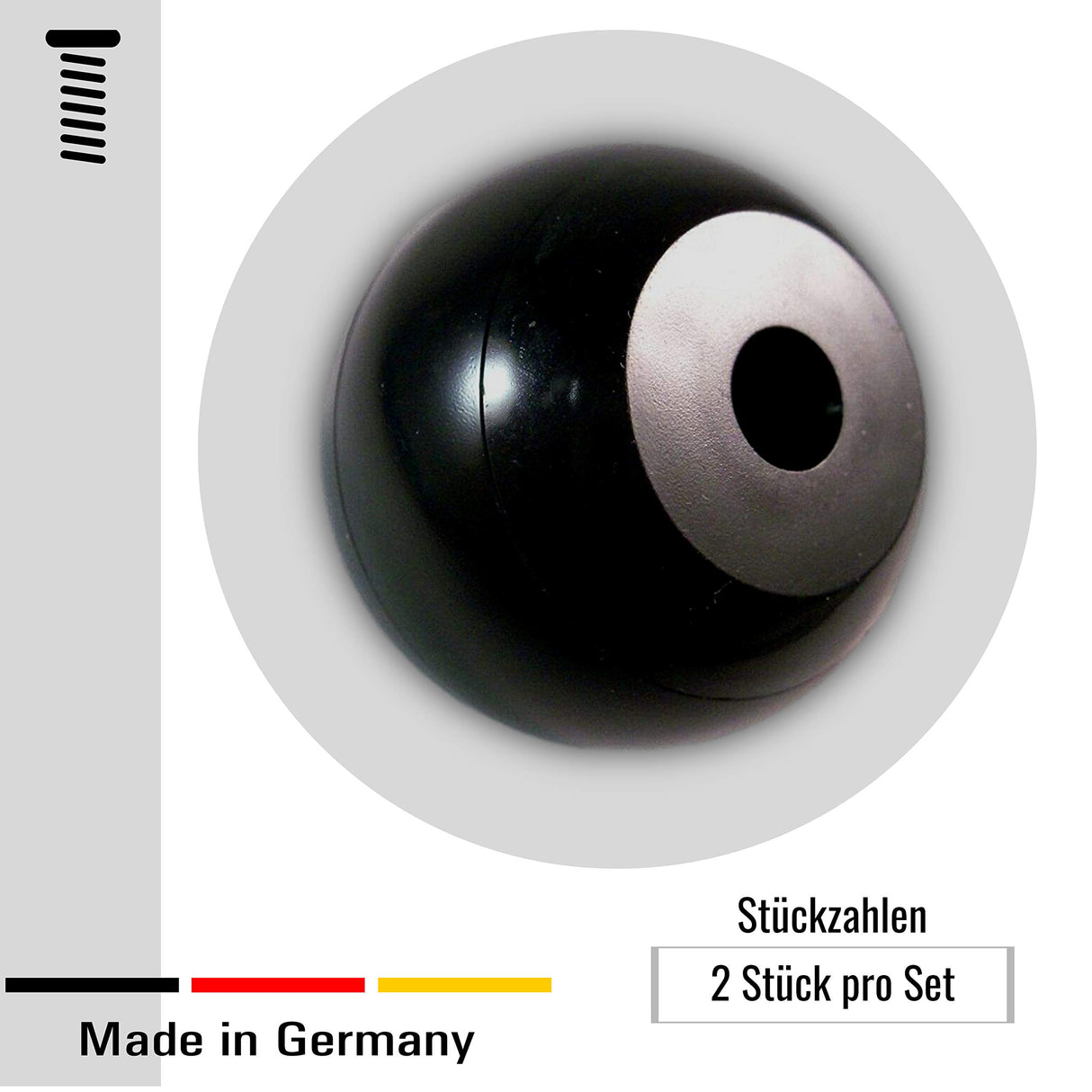 2 Kugelknöpfe/Griffe Kunststoff, schwarz, abgeflacht, mit Innengewinde oder Bohrung