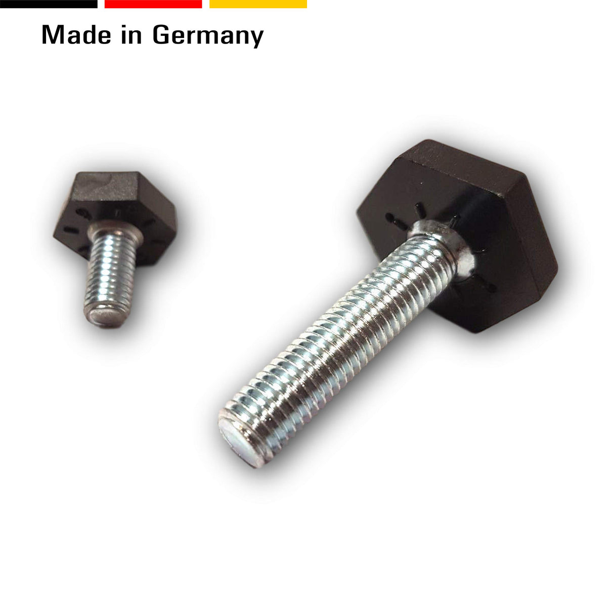 2 Bodenausgleichsschrauben Kunststoff, sechskant, schwarz, mit Gewindebolzen Stahl verzinkt - Klama - Möbelzubehör