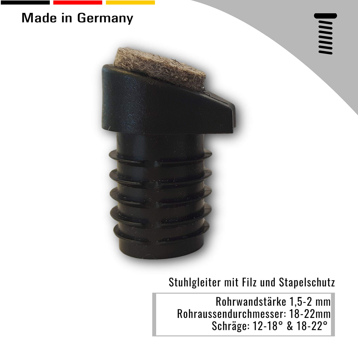 4 St. Stuhlgleiter mit Filz und Stapelschutz, für Runde schrägstehende Stuhlbeine mit Rohrwandstärke 1,5-2 mm - Klama - Möbelzubehör