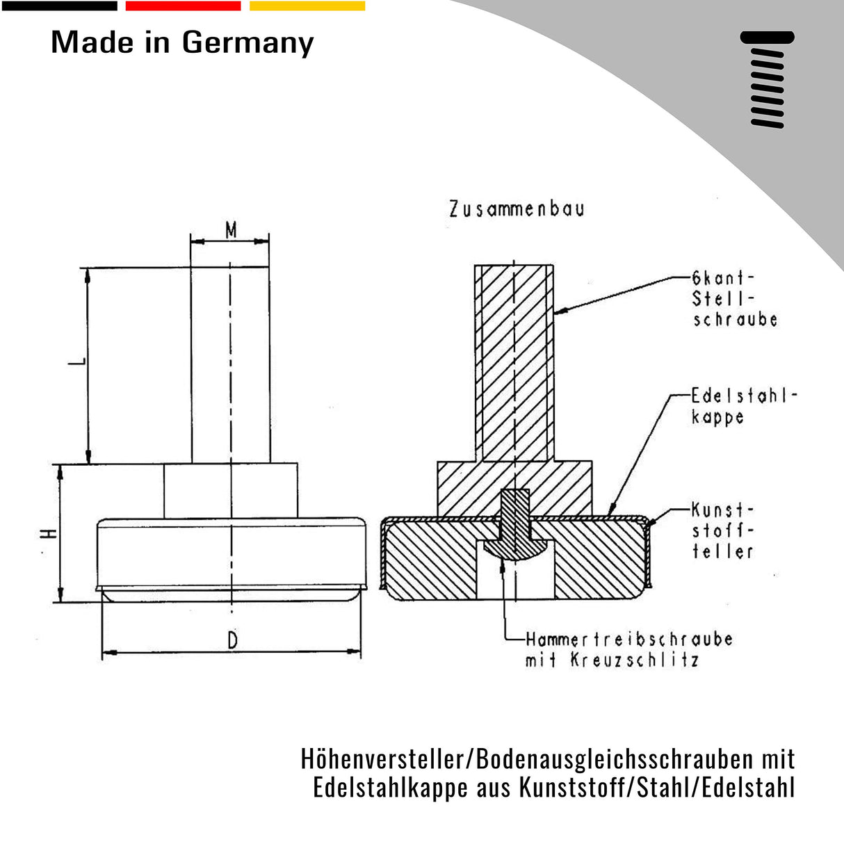 2 Höhenversteller/Bodenausgleichsschrauben mit Edelstahlkappe, Kunststoff/Stahl/Edelstahl - Klama - Möbelzubehör