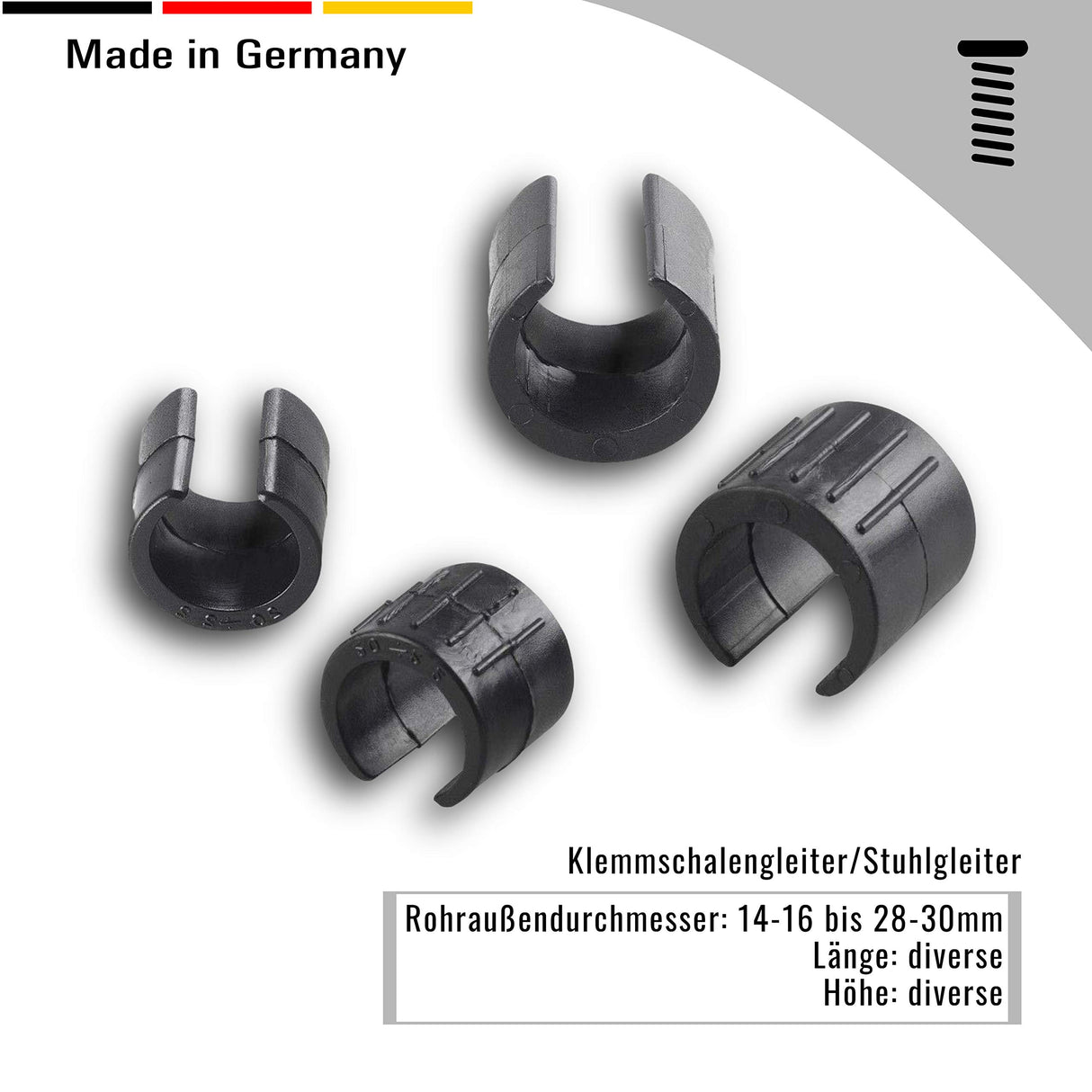 4 Stuhlgleiter Freischwinger Schwarz - Klemmschalengleiter aus Kunststoff für runde Rohre in verschiedenen Größen