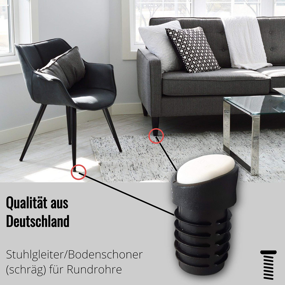 4 Stuhlgleiter Kunststoff, für schrägstehende runde Stuhlbeine, geräuschdämpfend durch POM/PTFE Gleitfläche - Klama - Möbelzubehör