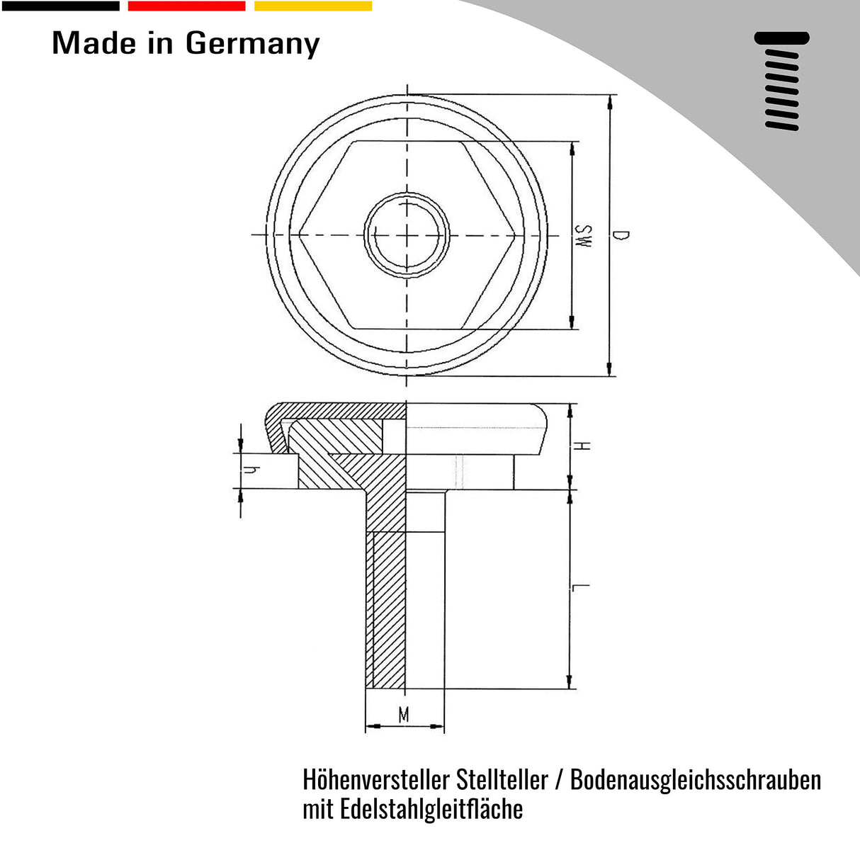 2 Höhenversteller Stellteller/Bodenausgleichsschrauben mit Edelstahlgleitfläche - Klama - Möbelzubehör
