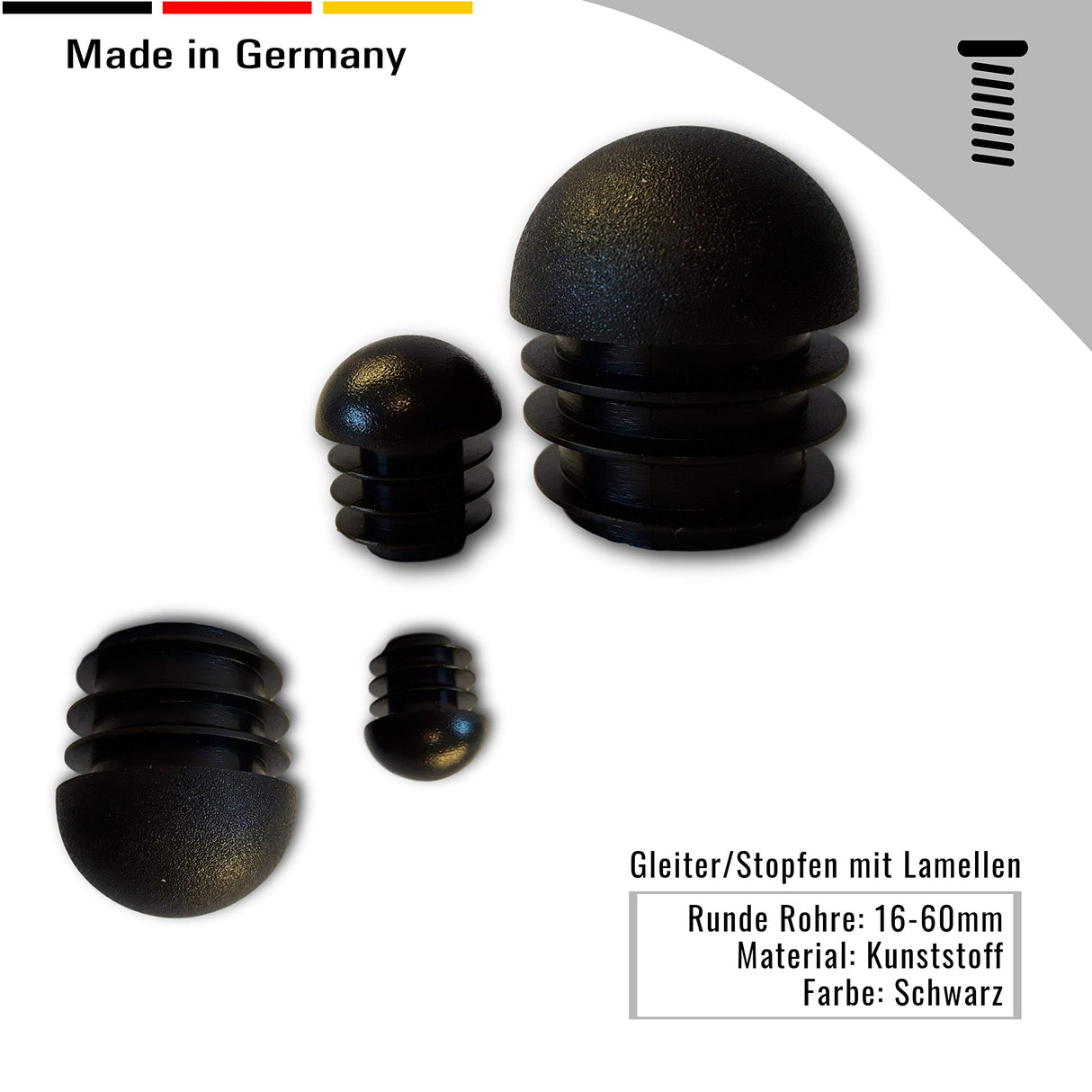 4 Gleiter/Stopfen mit Lamellen, Kunststoff, schwarz, Rundkopf, für runde Rohre - Klama - Möbelzubehör