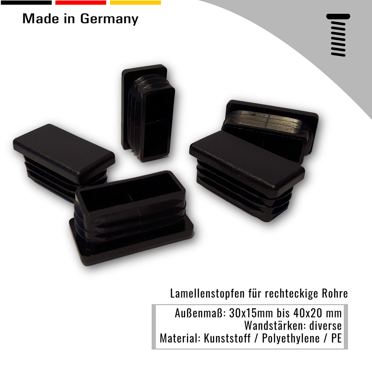 4 Lamellenstopfen für rechteckige Rohre, Schwarz - Rohrstopfen aus PE Kunststoff für Vierkantrohre - Klama - Möbelzubehör