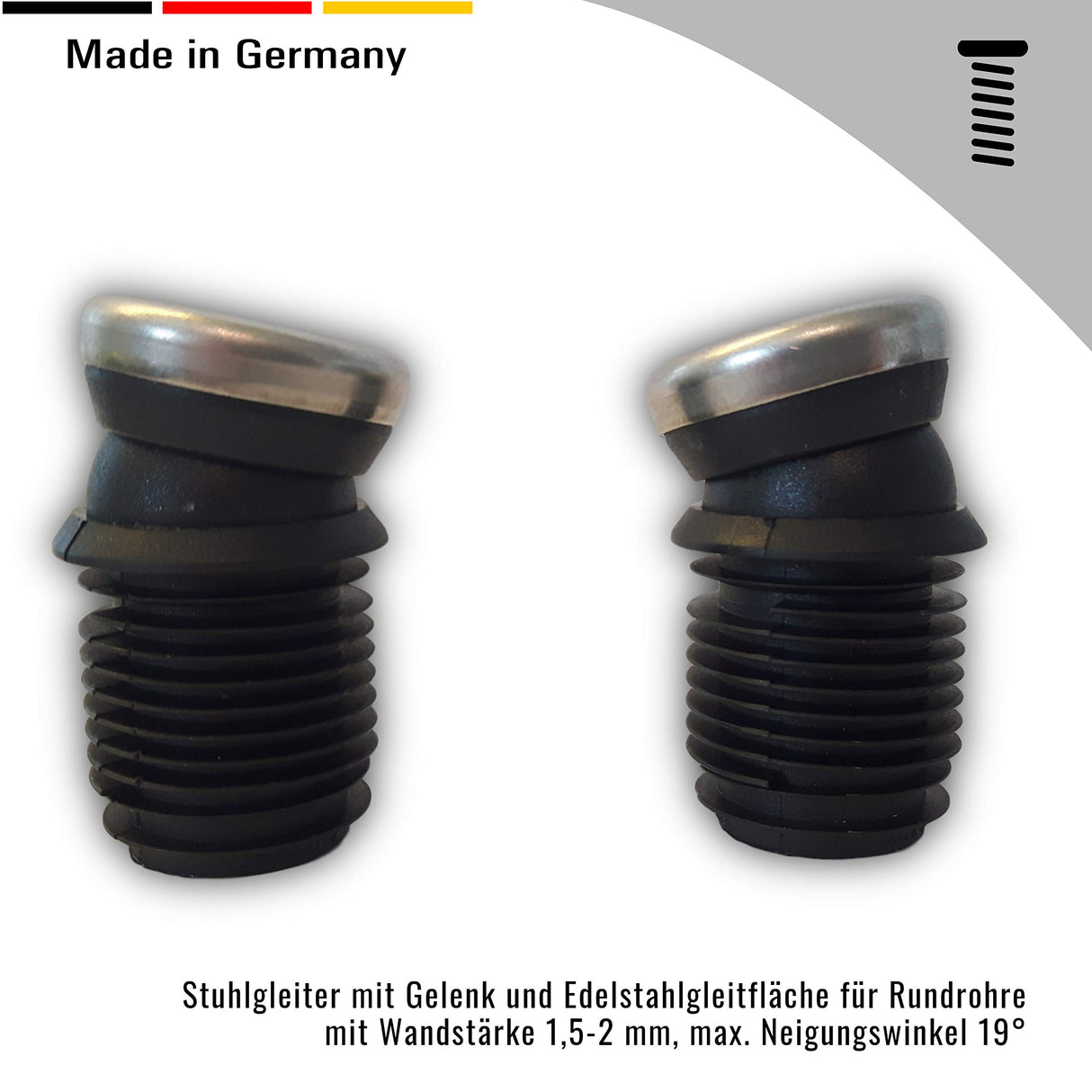 4 St. Stuhlgleiter mit Gelenk und Edelstahlgleitfläche, für Rundrohre mit Wandstärke 1,5-2 mm, max. Neigungswinkel 19° - Klama - Möbelzubehör