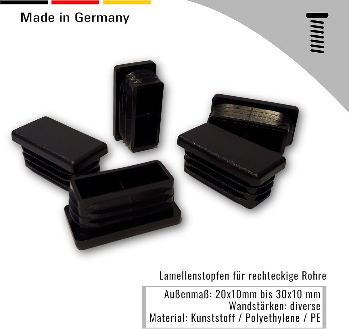 OL 20 Lamellenstopfen für rechteckige Rohre, Schwarz - Rohrstopfen aus PE Kunststoff für Vierkantrohre, Außenmaß 30x10mm - Klama - Möbelzubehör