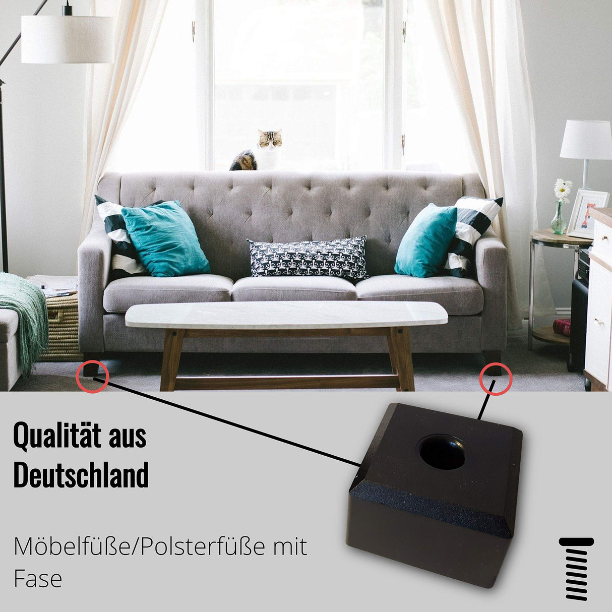 4 Möbelfüße/Polsterfüße/Gleitscheiben mit Fase, 50 x 50 mm, Kunststoff, Schwarz - Klama - Möbelzubehör