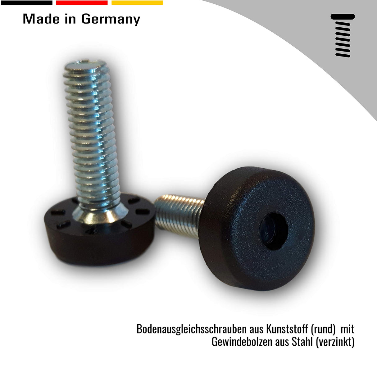 2 Bodenausgleichsschrauben Kunststoff, rund, schwarz, mit Gewindebolzen Stahl verzinkt - Klama - Möbelzubehör