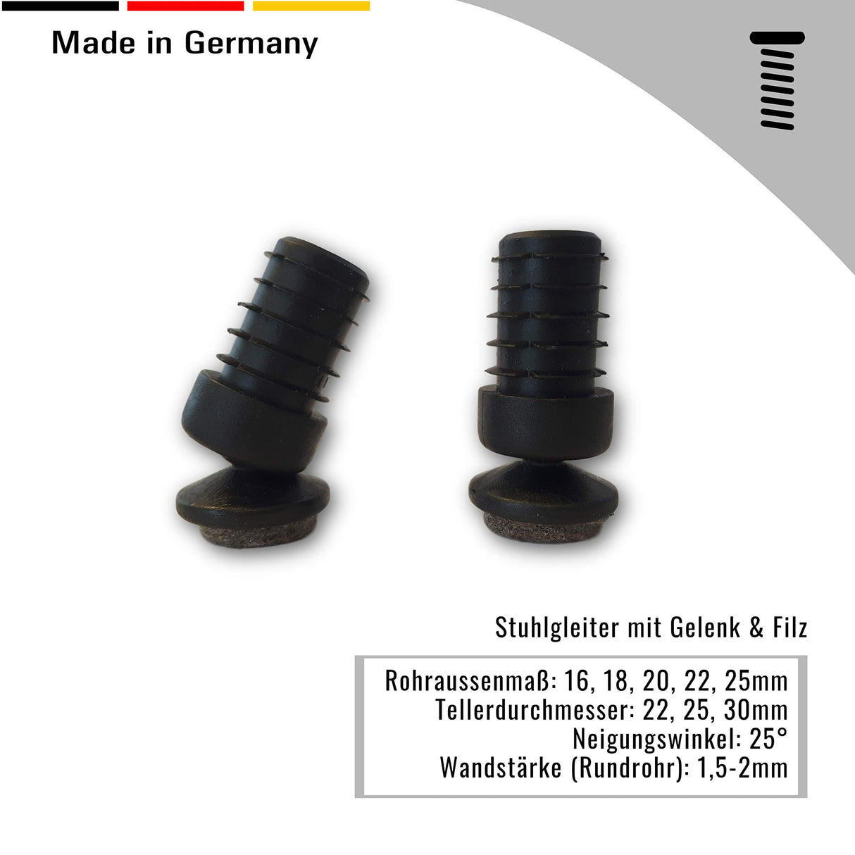 4 St. Stuhlgleiter mit Gelenk und Filz, für Rundrohre mit Wandstärke 1,5-2 mm, maximaler Neigungswinkel 25° - Klama - Möbelzubehör