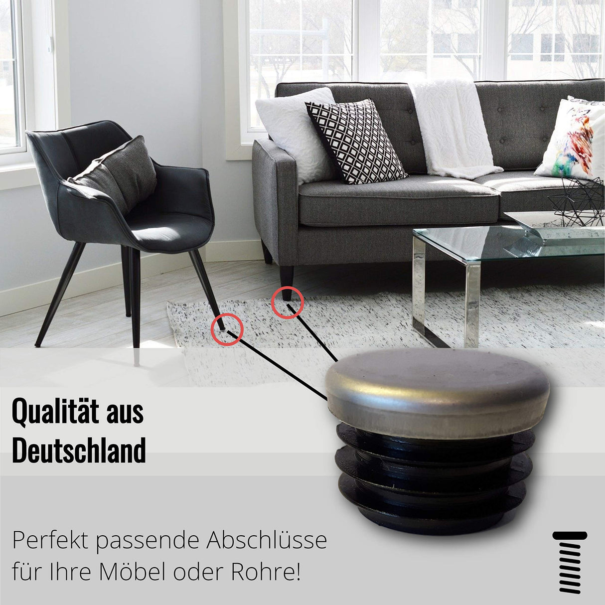 OL 4 St. Gleiter/Stopfen mit rostfreier Metallkappe, für Rundrohre mit Wandstärke 1,5-2 mm/Rohraussendurchmesser 30mm - Klama - Möbelzubehör