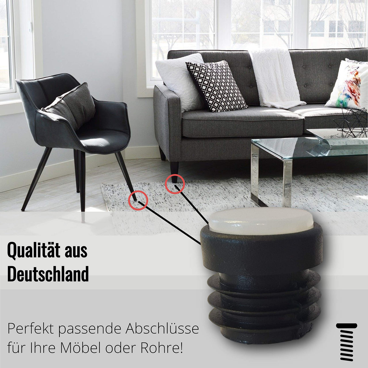 4 St. Stuhlgleiter mit Anti-Rutsch-Einsatz aus TPU, für Rundrohre mit Wandstärke 1,5-2 mm, Rohraussenmaß 19 mm, Farbe schwarz - Klama - Möbelzubehör