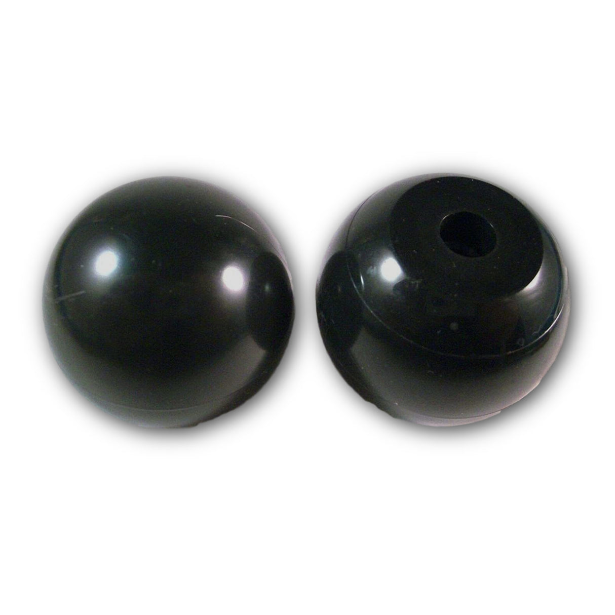 2 Kugelknöpfe/Griffe Kunststoff, schwarz, abgeflacht, mit Innengewinde oder Bohrung
