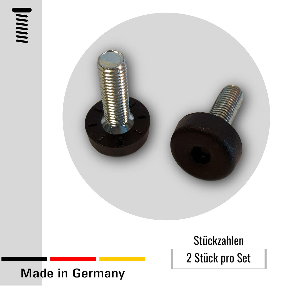 2 Bodenausgleichsschrauben Kunststoff, rund, schwarz, mit Gewindebolzen Stahl verzinkt - Klama - Möbelzubehör