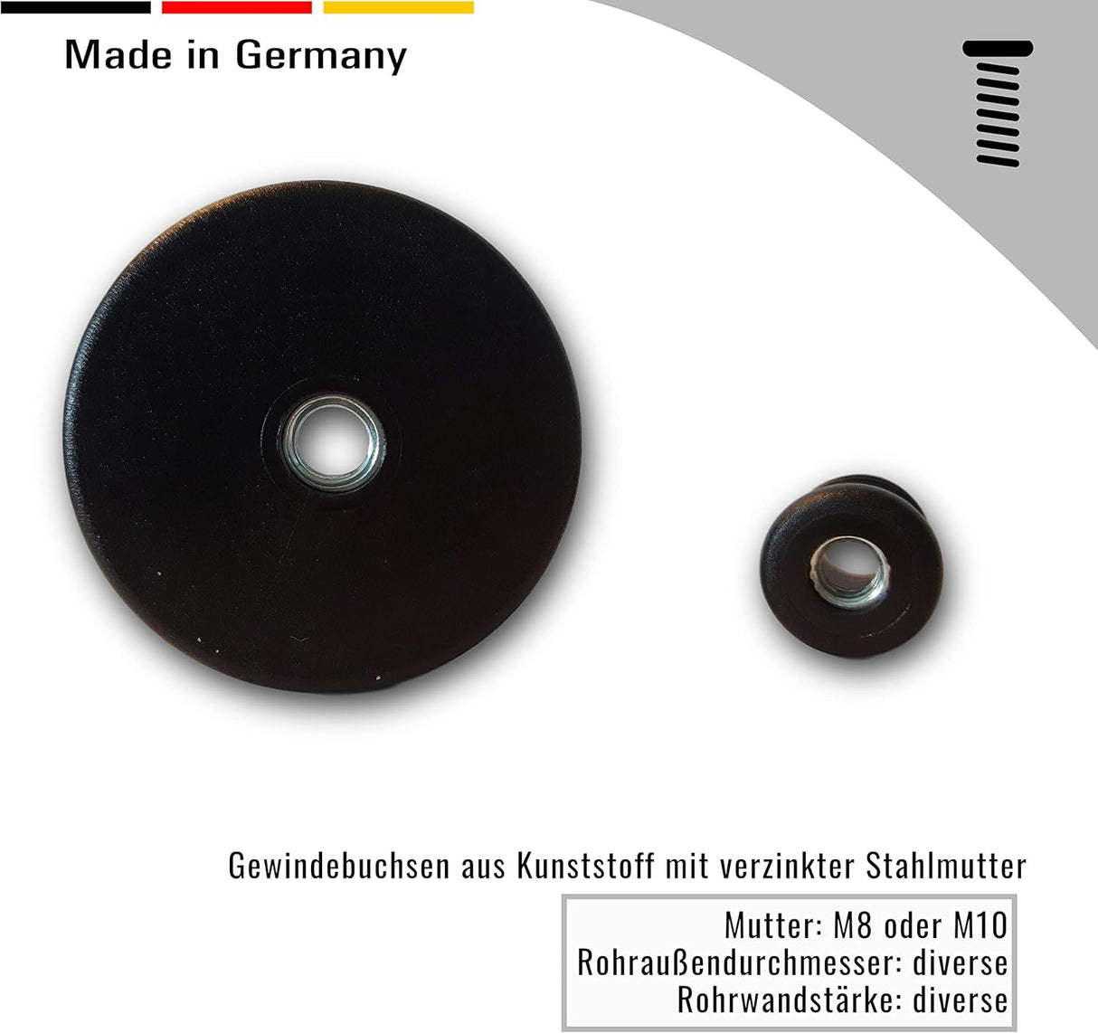 2 Gewindebuchsen Kunststoff, schwarz, mit verzinkter Stahlmutter, für Rundrohre