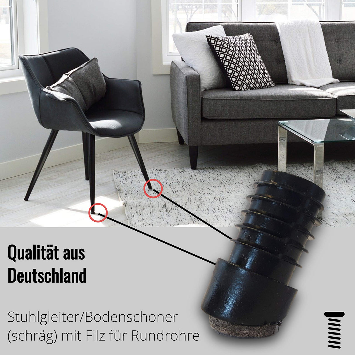 4 St. Stuhlgleiter/Bodenschoner, schräg, mit Filz, für Rundrohre mit Wandstärke 1,5-2 mm - Klama - Möbelzubehör